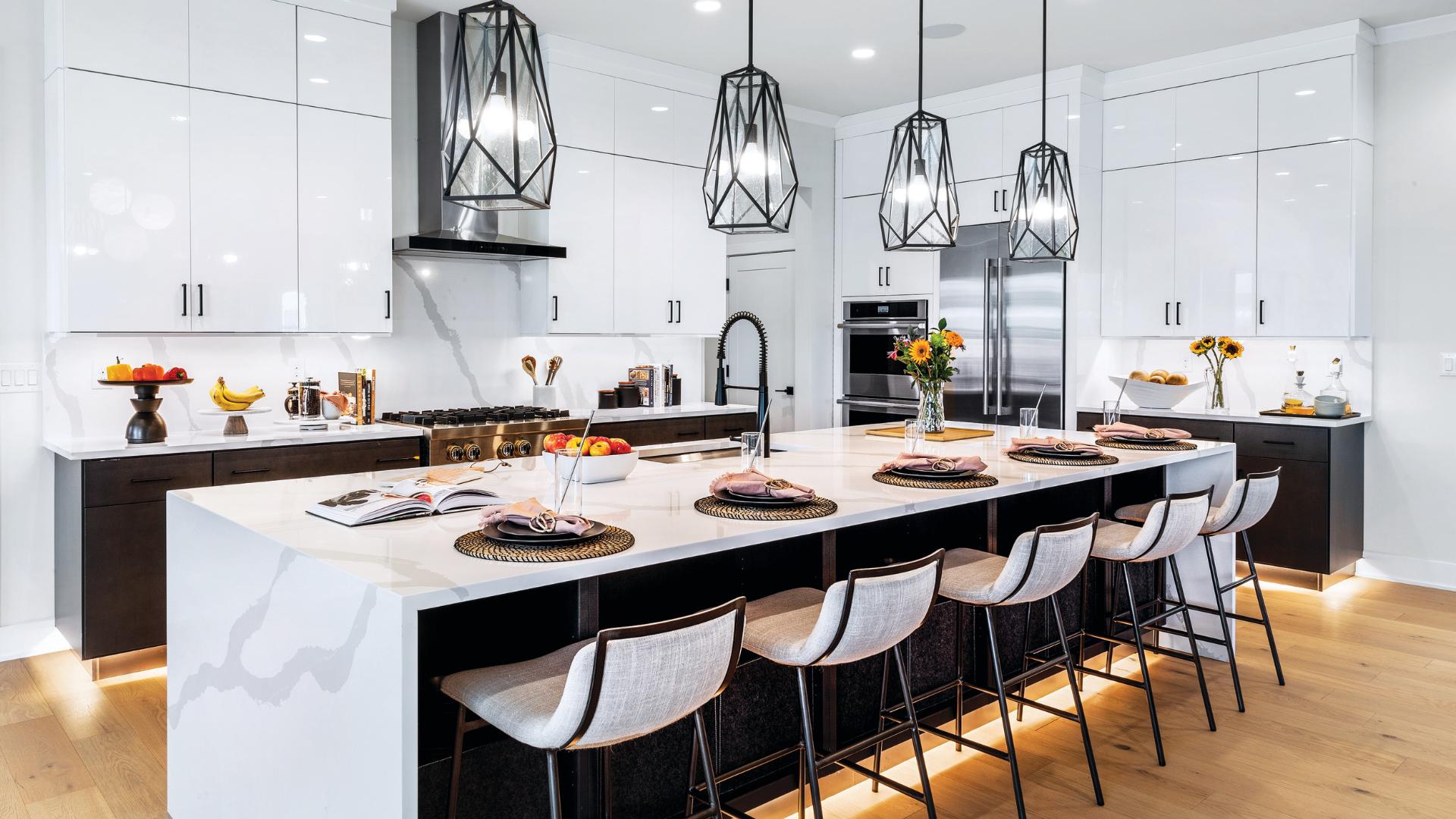 Modern farmhouse kitchen with pendant lighting